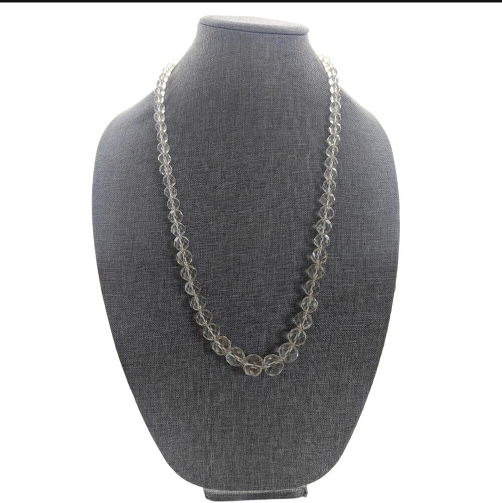 Vintage Art Deco Faceted Cut Crystal Quartz Stone Graduated Beaded Necklace 28"